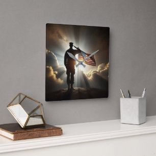 American Soldier Saluting the United States Flag Square Wall Clock