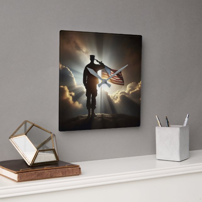 American Soldier Saluting the United States Flag Square Wall Clock (Office)