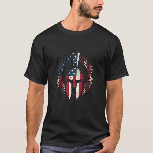 American Spartan Warrior Helmet Patriotic Flag T_Shirt