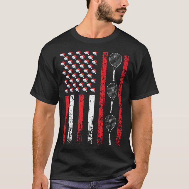 American Sports Flag Christmas Tennis Racket Athle T-Shirt (Front)