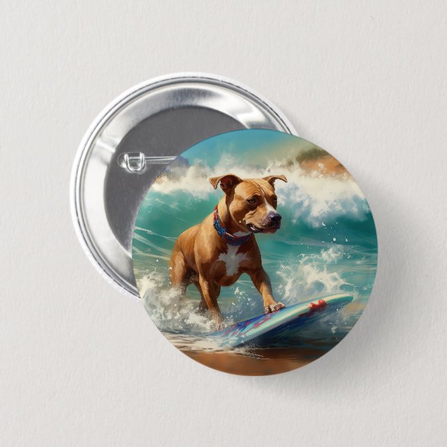 American Staffordshire Beach Surfing Painting  Button (Front & Back)