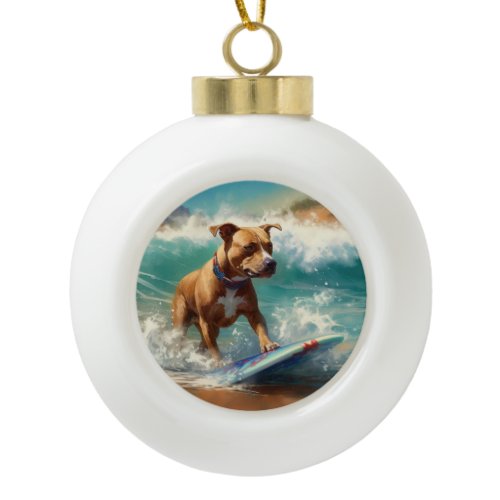 American Staffordshire Beach Surfing Painting  Ceramic Ball Christmas Ornament