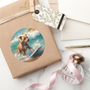 American Staffordshire Beach Surfing Painting Classic Round Sticker