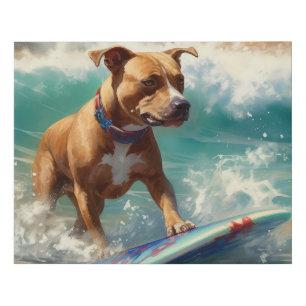 American Staffordshire Beach Surfing Painting Faux Canvas Print