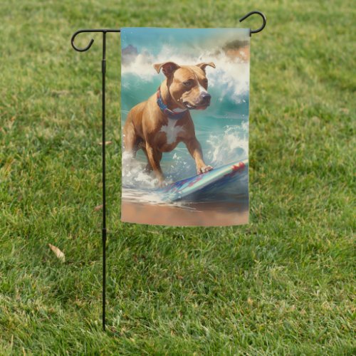 American Staffordshire Beach Surfing Painting  Garden Flag