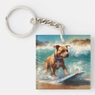 American Staffordshire Beach Surfing Painting Keychain