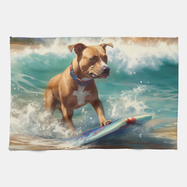 American Staffordshire Beach Surfing Painting  Kitchen Towel (Horizontal)