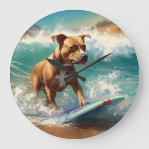 American Staffordshire Beach Surfing Painting Large Clock