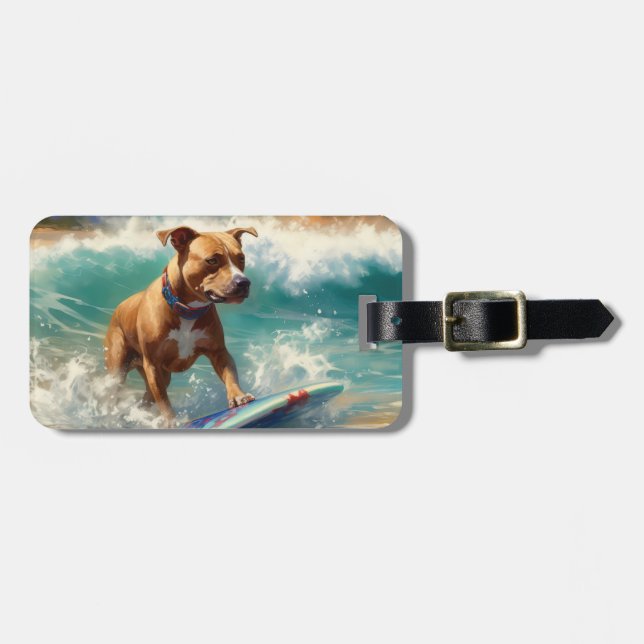 American Staffordshire Beach Surfing Painting  Luggage Tag (Front Horizontal)
