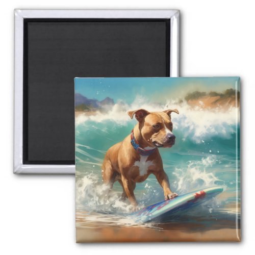 American Staffordshire Beach Surfing Painting  Magnet