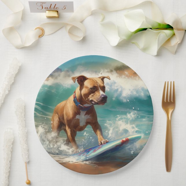 American Staffordshire Beach Surfing Painting  Paper Plates (Wedding)