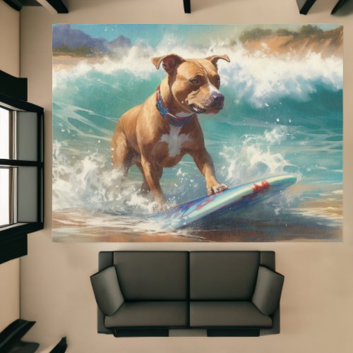 American Staffordshire Beach Surfing Painting  Rug