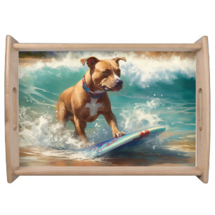 American Staffordshire Beach Surfing Painting Serving Tray