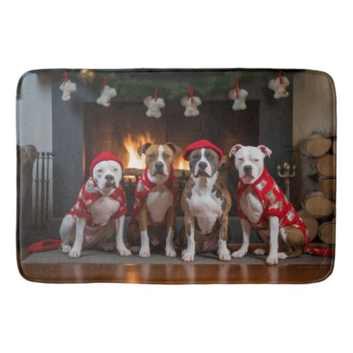 American Staffordshire by the Fireplace Christmas Bath Mat