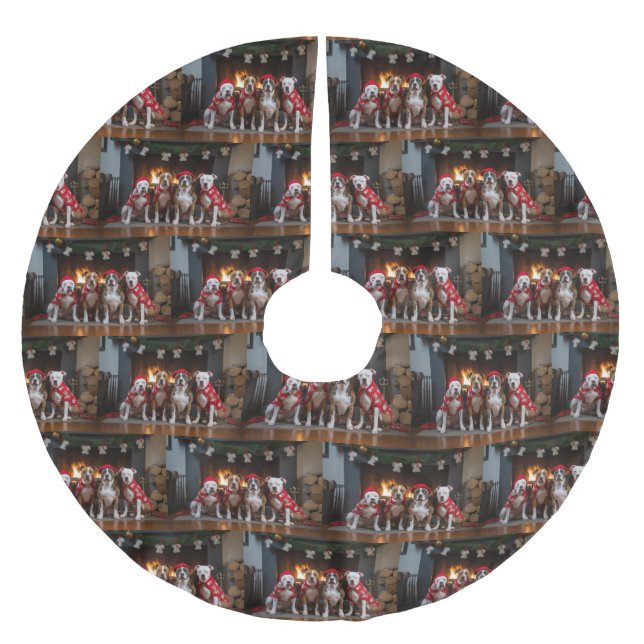 American Staffordshire by the Fireplace Christmas Brushed Polyester Tree Skirt (Front)