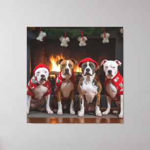 American Staffordshire by the Fireplace Christmas Canvas Print