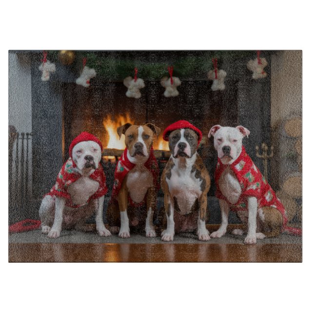 American Staffordshire by the Fireplace Christmas Cutting Board (Front)