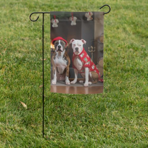 American Staffordshire by the Fireplace Christmas Garden Flag