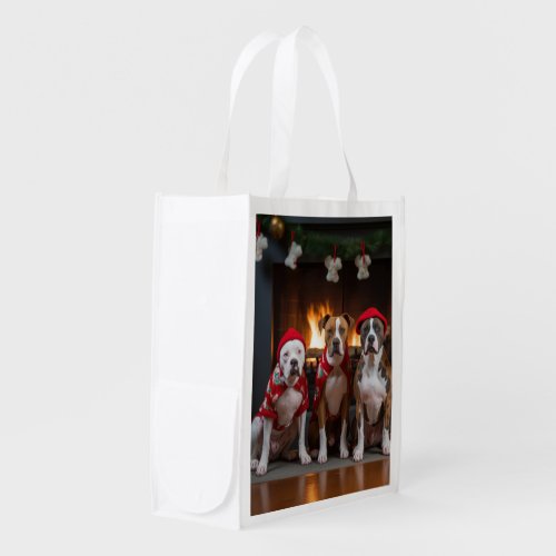 American Staffordshire by the Fireplace Christmas Grocery Bag