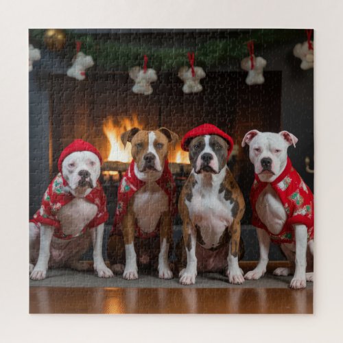 American Staffordshire by the Fireplace Christmas Jigsaw Puzzle