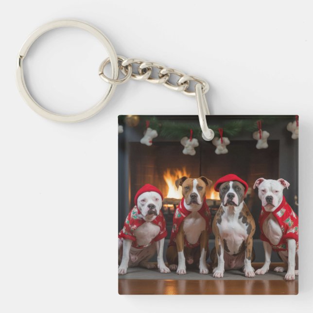American Staffordshire by the Fireplace Christmas Keychain (Front)