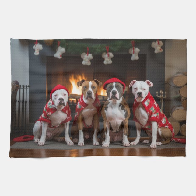 American Staffordshire by the Fireplace Christmas Kitchen Towel (Horizontal)