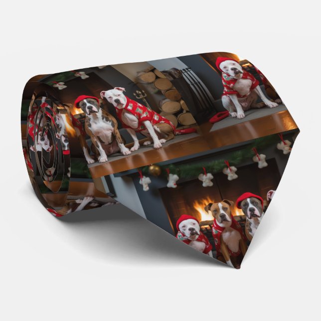 American Staffordshire by the Fireplace Christmas Neck Tie (Rolled)