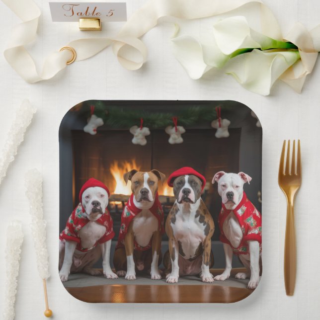 American Staffordshire by the Fireplace Christmas Paper Plates (Wedding)