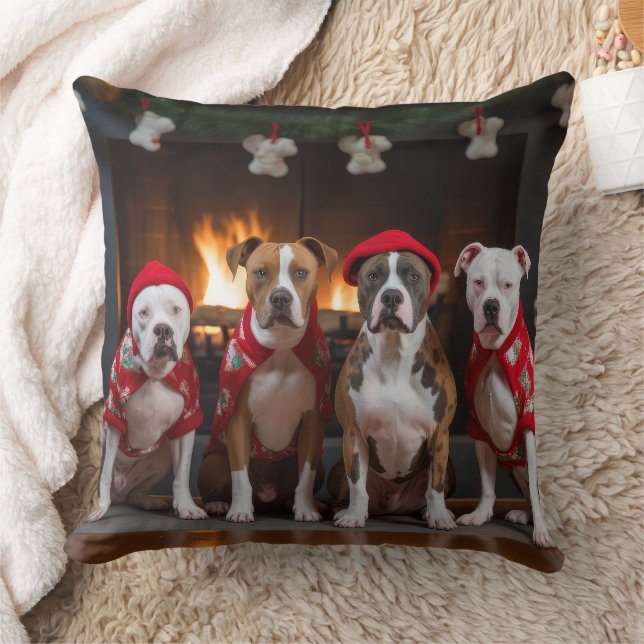 American Staffordshire by the Fireplace Christmas Throw Pillow (Blanket)