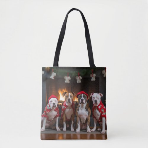 American Staffordshire by the Fireplace Christmas Tote Bag