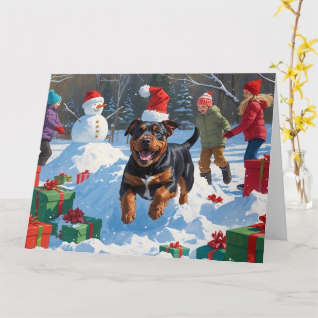 American Staffordshire Christmas Festive Snow  Card (Yellow Flower)