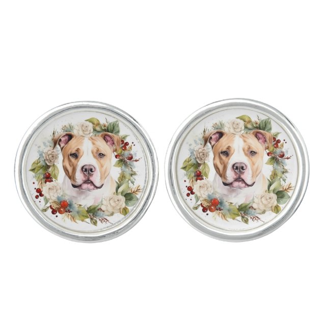 American Staffordshire Christmas Wreath Festive Cufflinks (Front)