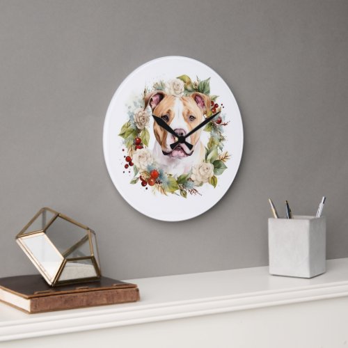 American Staffordshire Christmas Wreath Festive Large Clock