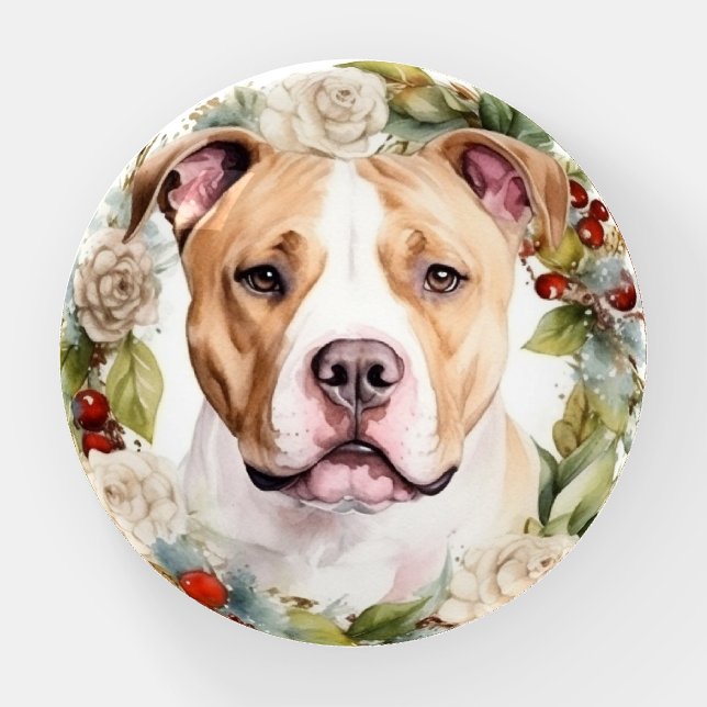 American Staffordshire Christmas Wreath Festive Paperweight (Front)