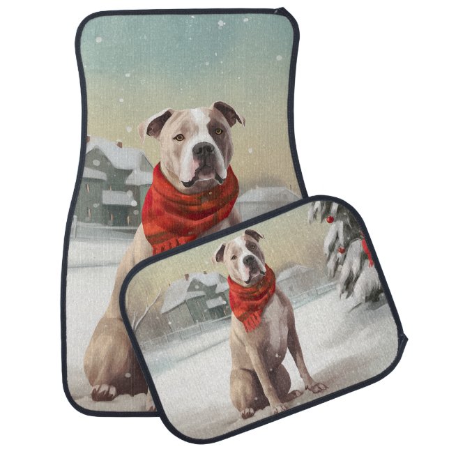 American Staffordshire Dog in Snow Christmas  Car Floor Mat (Set)