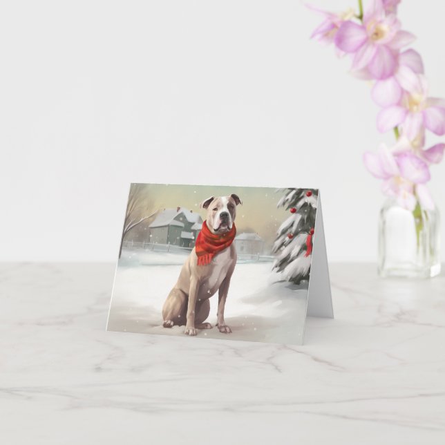 American Staffordshire Dog in Snow Christmas  Card (Orchid)