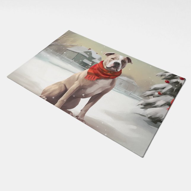 American Staffordshire Dog in Snow Christmas  Doormat (Angled)