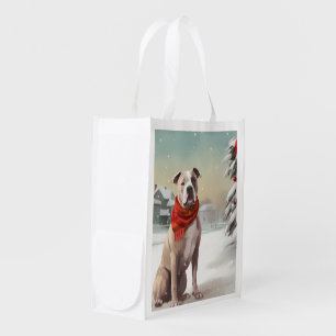 American Staffordshire Dog in Snow Christmas Grocery Bag
