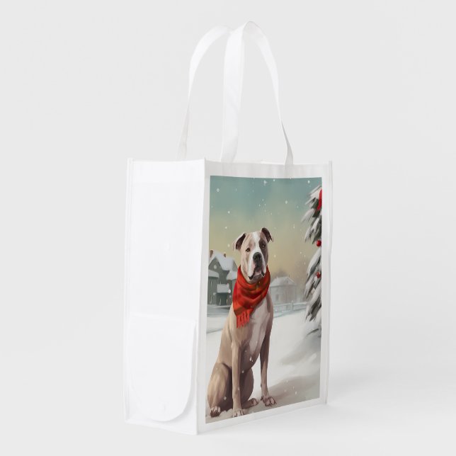American Staffordshire Dog in Snow Christmas  Grocery Bag (Front Side)