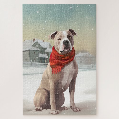 American Staffordshire Dog in Snow Christmas  Jigsaw Puzzle