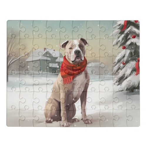 American Staffordshire Dog in Snow Christmas  Jigsaw Puzzle