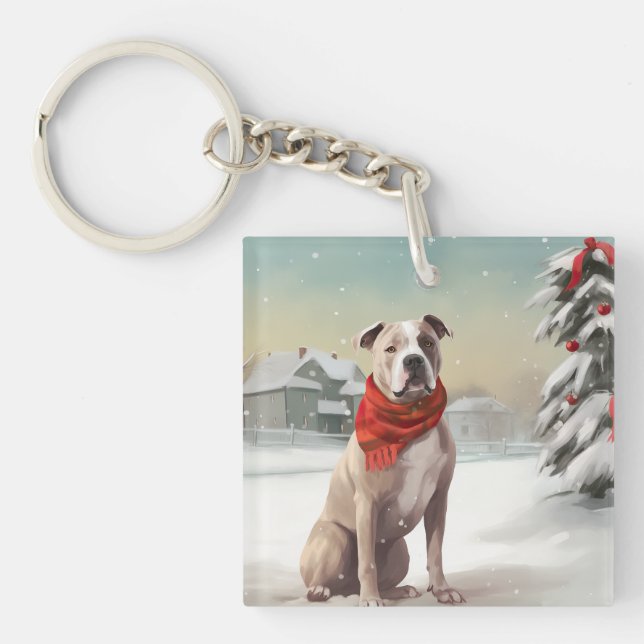 American Staffordshire Dog in Snow Christmas  Keychain (Front)