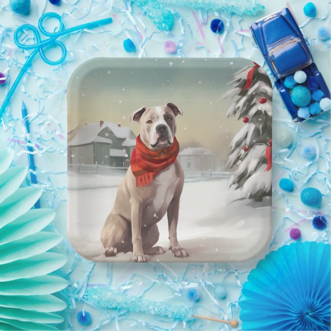 American Staffordshire Dog in Snow Christmas  Paper Plates (Party)