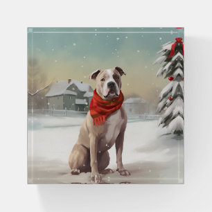 American Staffordshire Dog in Snow Christmas Paperweight