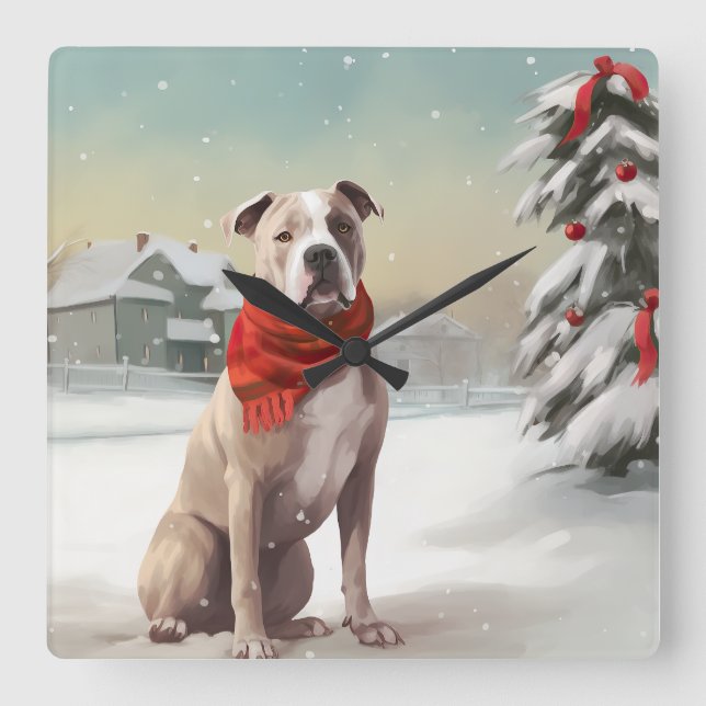 American Staffordshire Dog in Snow Christmas  Square Wall Clock (Front)