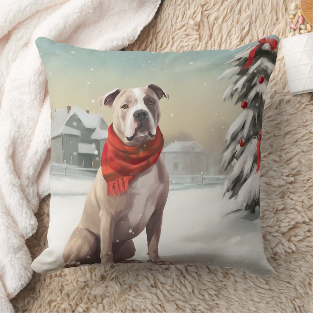 American Staffordshire Dog in Snow Christmas  Throw Pillow (Blanket)