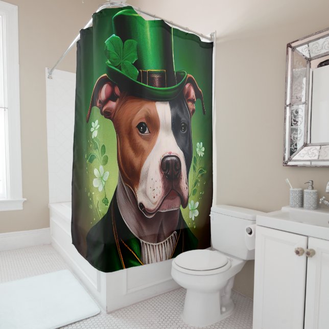 American Staffordshire dog in St. Patrick's Day Shower Curtain (In Situ)