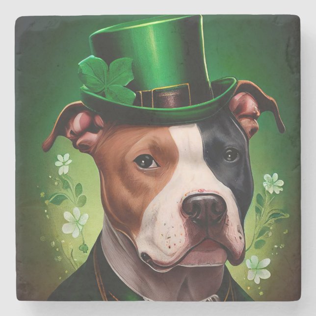 American Staffordshire dog in St. Patrick's Day Stone Coaster (Front)