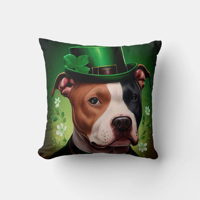 American Staffordshire dog in St. Patrick's Day  Throw Pillow (Front)