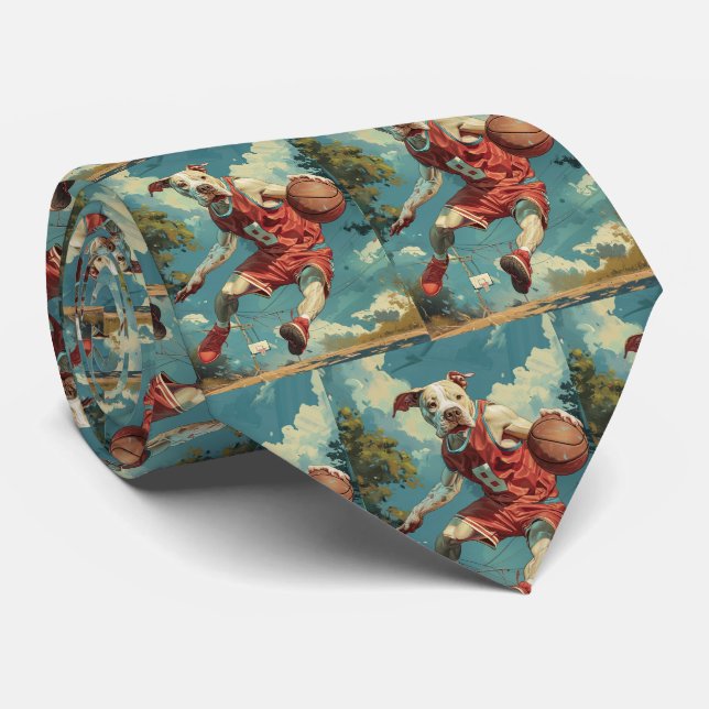 American Staffordshire Dog Playing Basketball Neck Tie (Rolled)